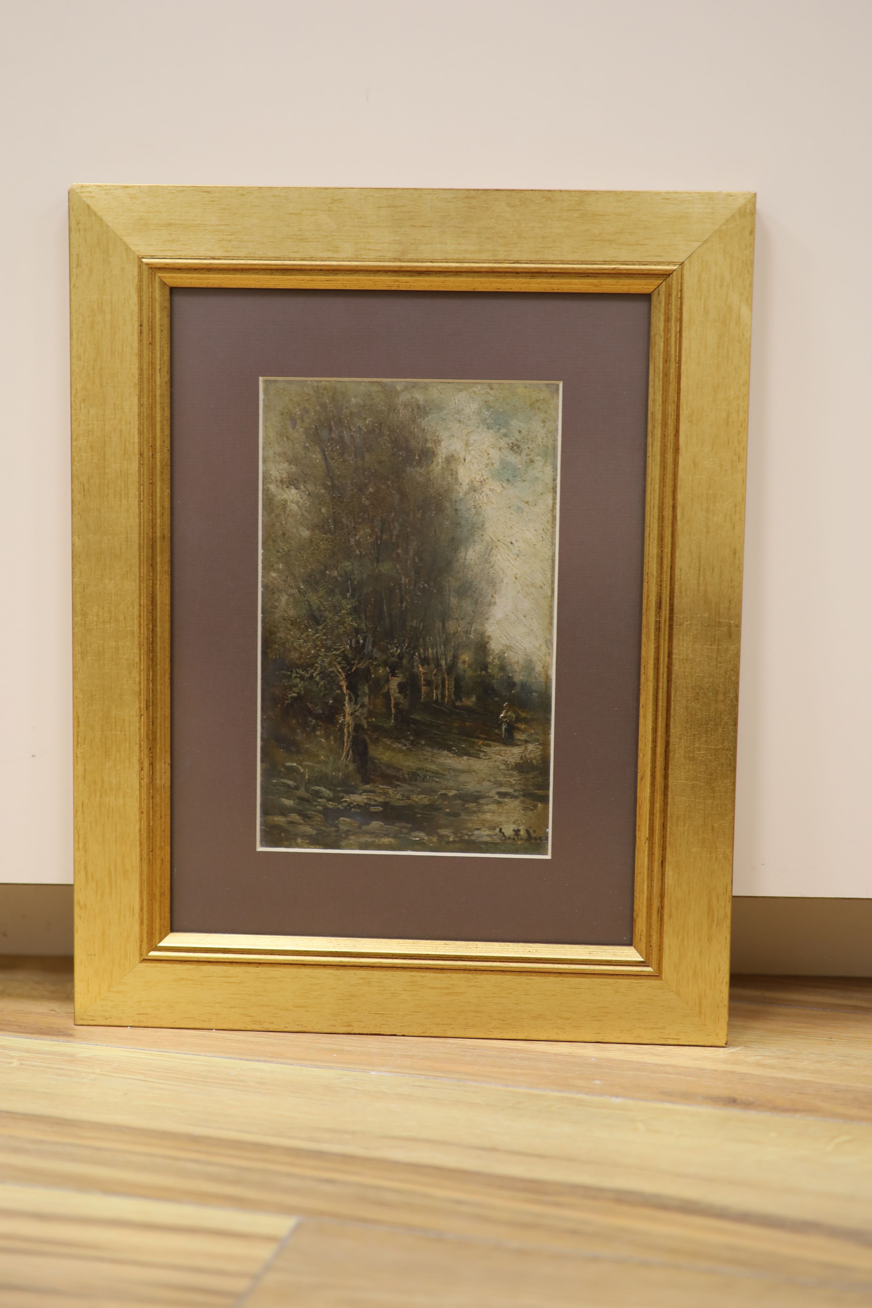 G.F. Diez, oil on board, Figure on a tree lined lane, signed, 23 x 15cm